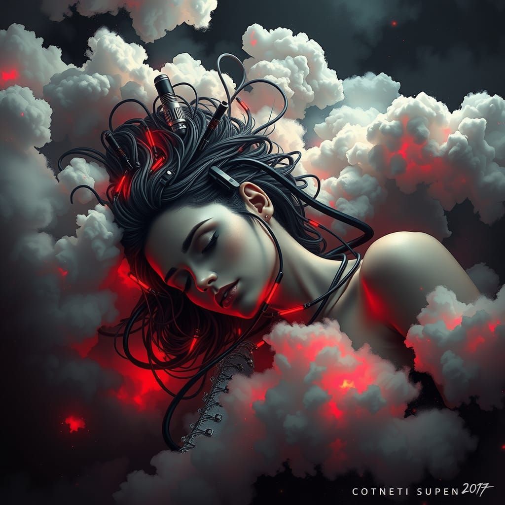 Silhouette, a cyberpunk 2077 girl sleeping in the clouds, mo...