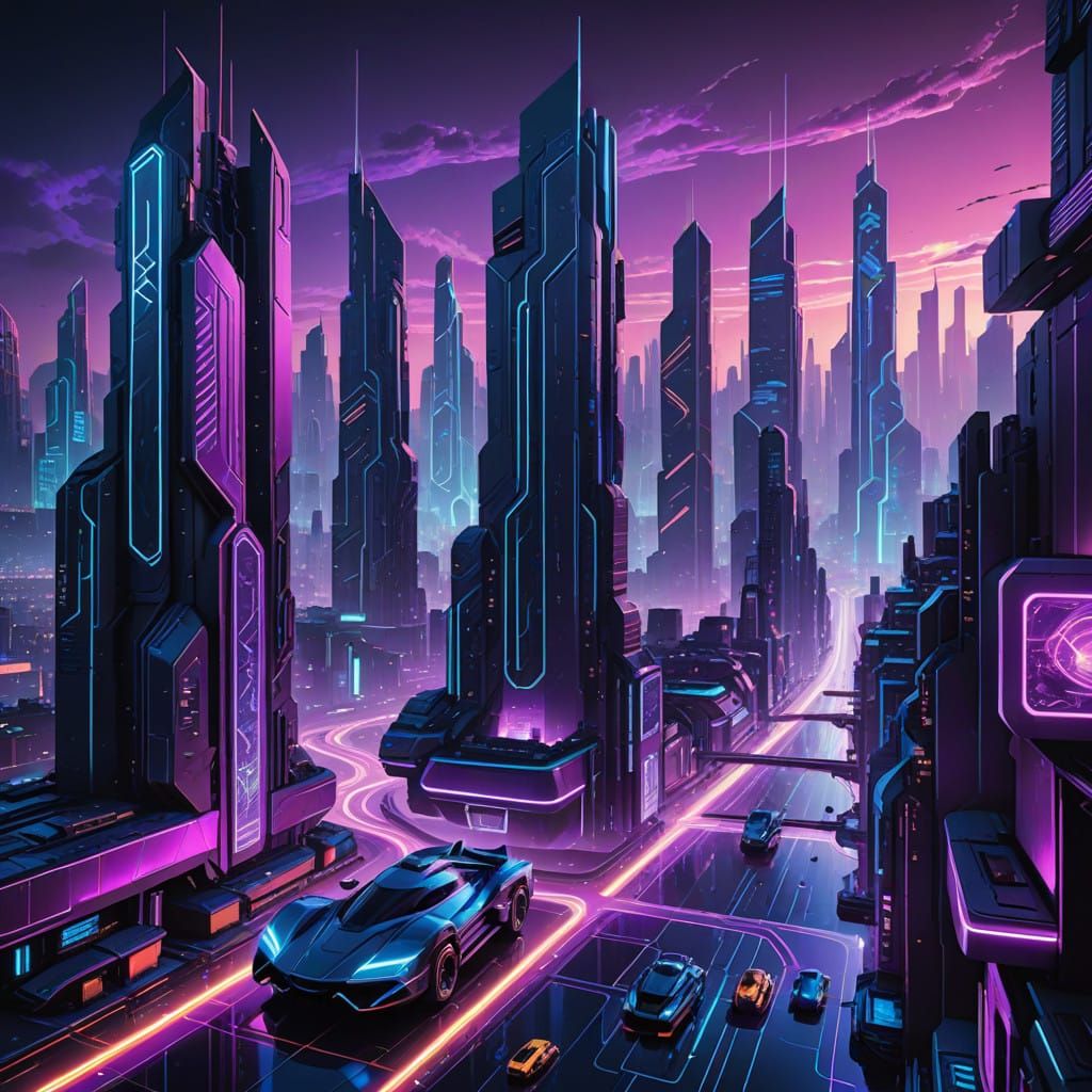 Cyberpunk Cityscape in Vibrant Blues and Purples