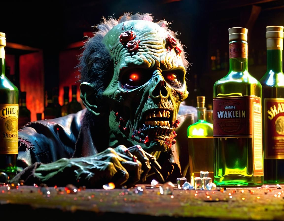 Zombie in Dim Bar: Horror Oil Painting