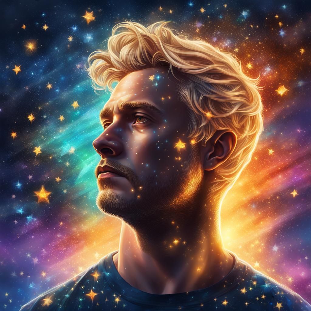 Starry Sky Blonde Man in Hyperrealistic Splash Art