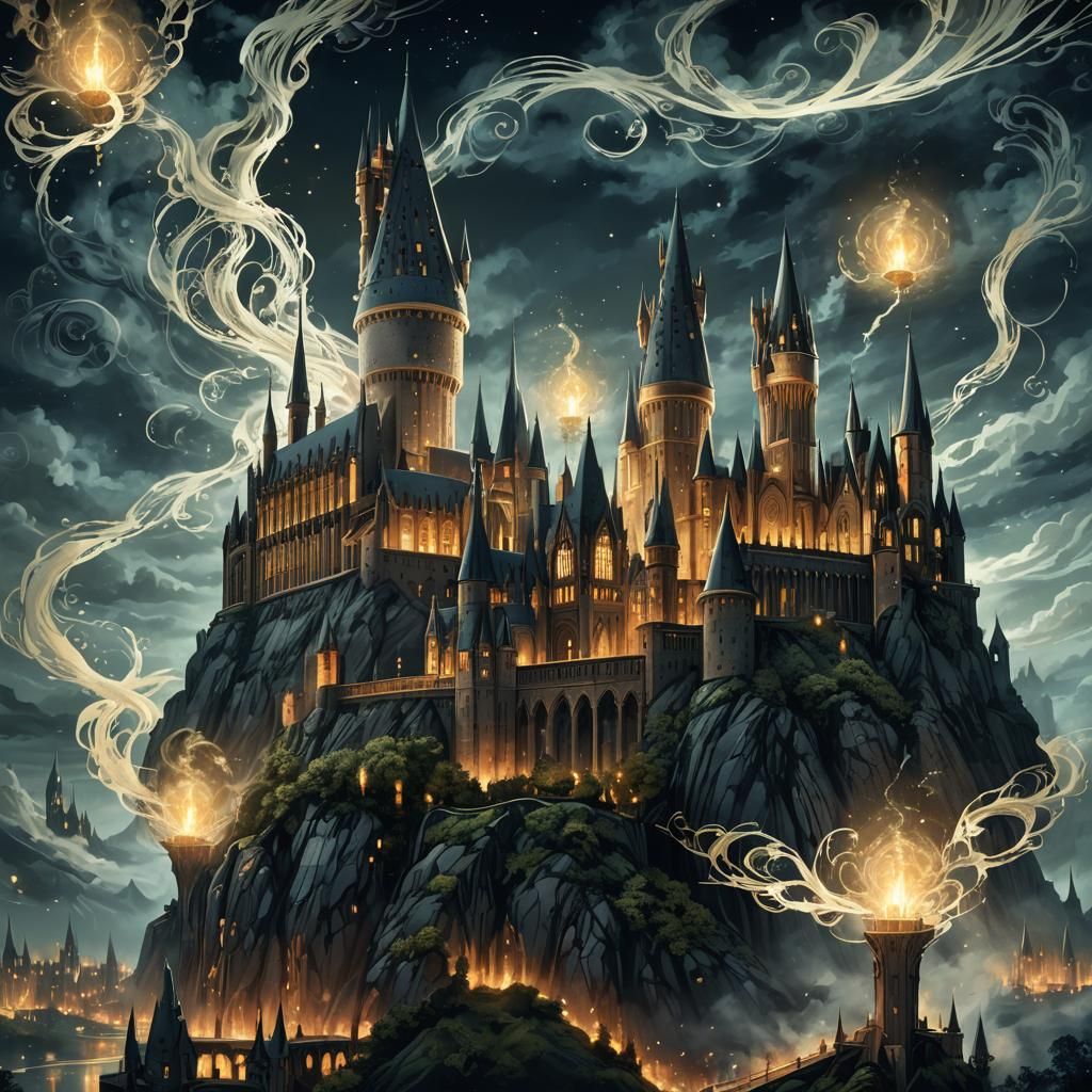 Hogwarts Castle Under the Dark Mark, in Art Nouveau Style
