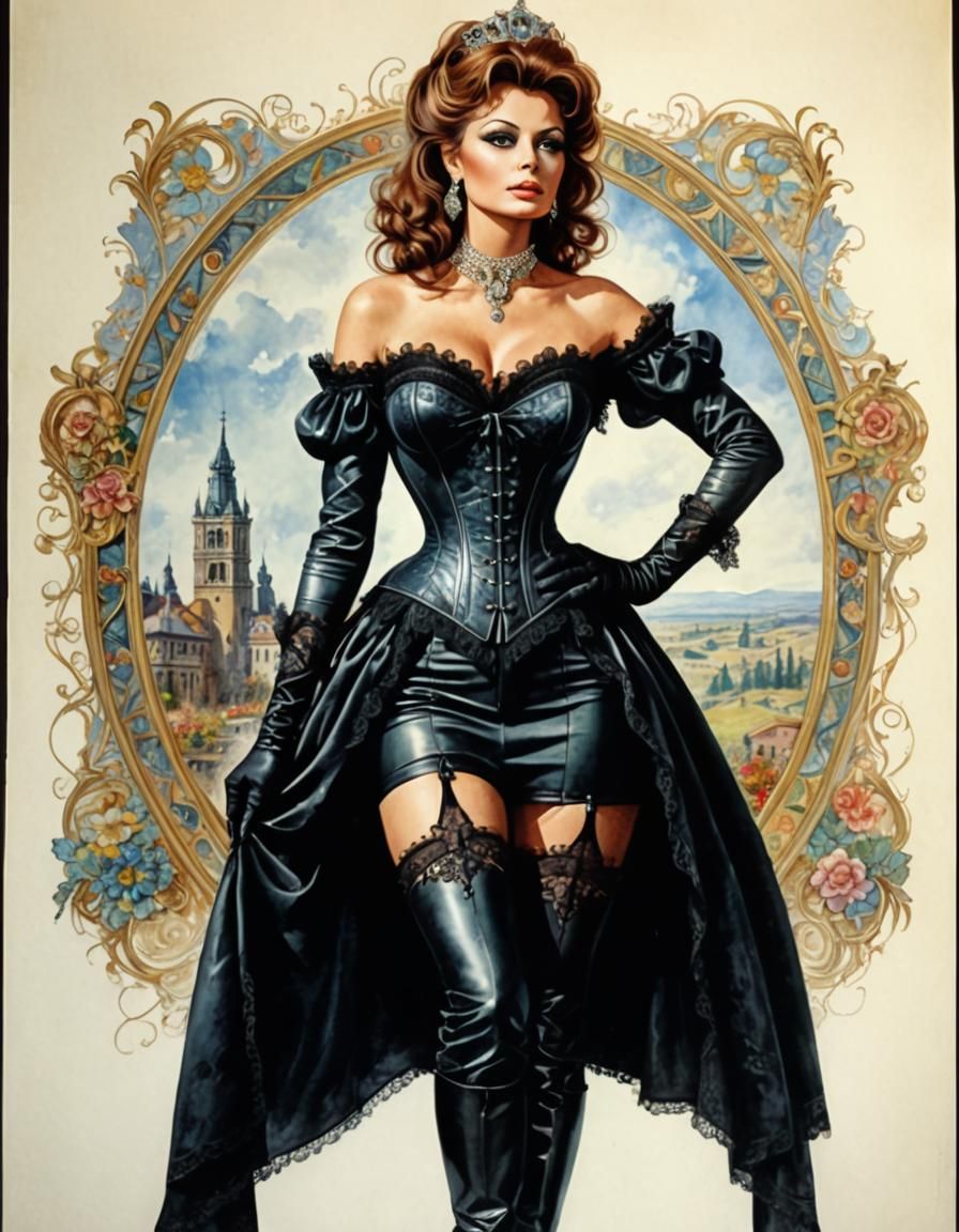 Sophia Loren in Art Nouveau Watercolor Portrait