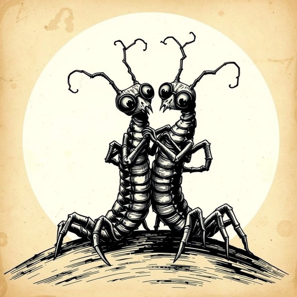 Macabre Centipedes Embrace in Whimsical, Gothic Style