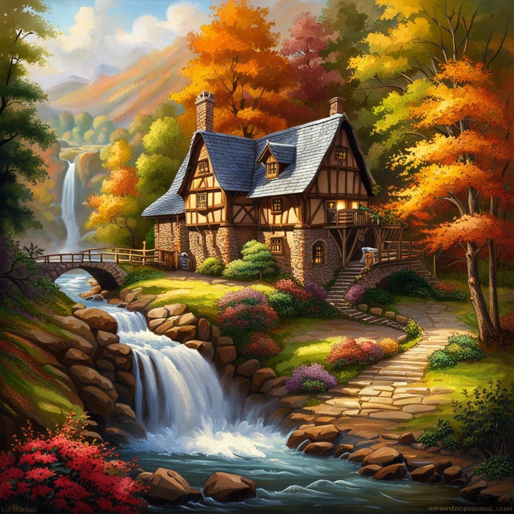 Enchanted Watermill in Fantasy Landscape, Neo-Impressionism