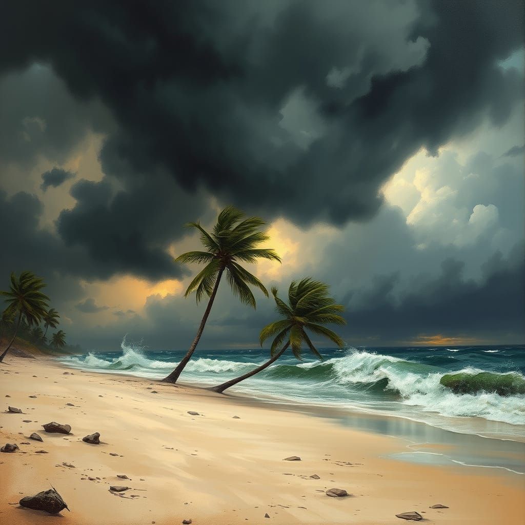 Stormy Beach Landscape with Lightning, Dramatic Lighting