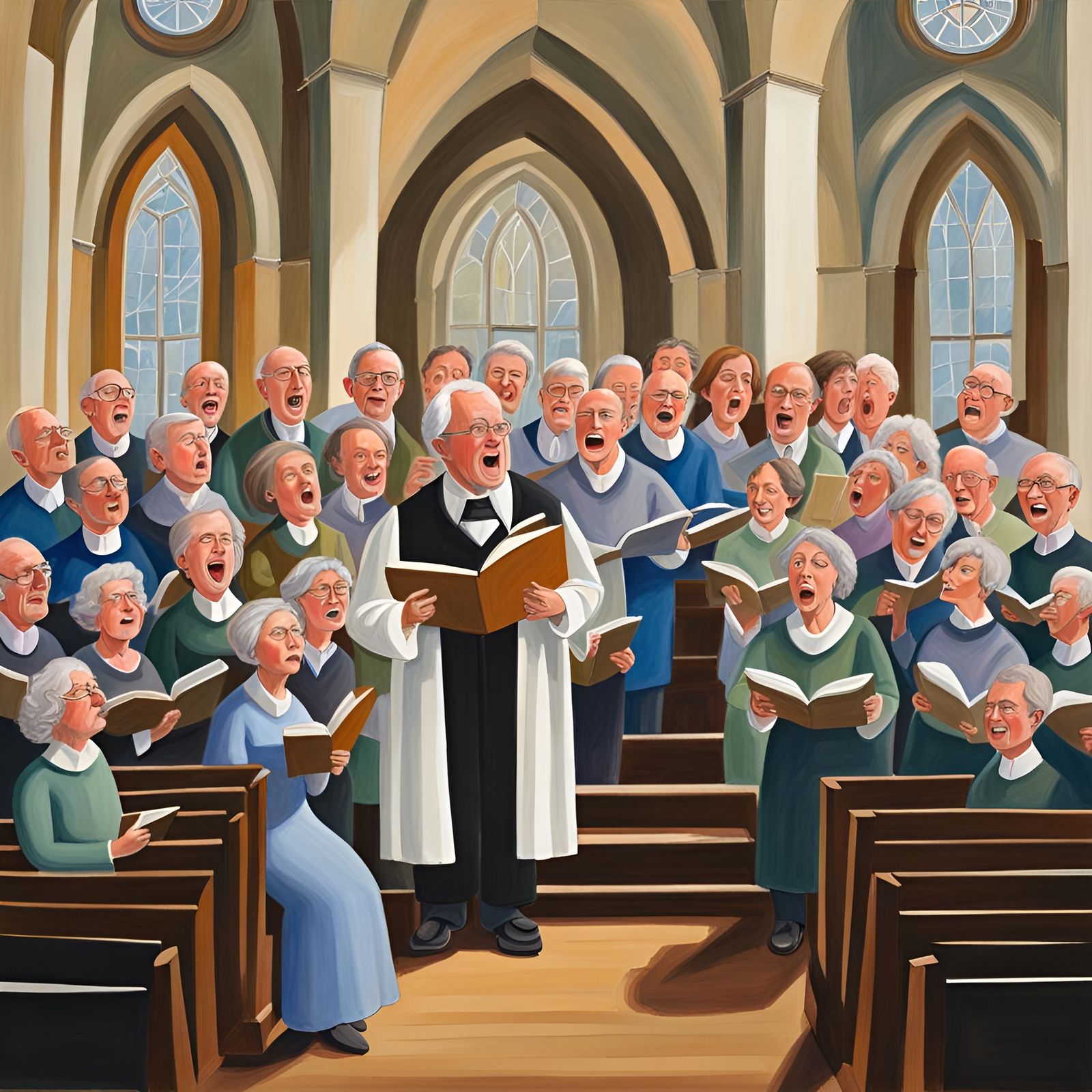 Detailed Gouache Painting of Congregational Singing