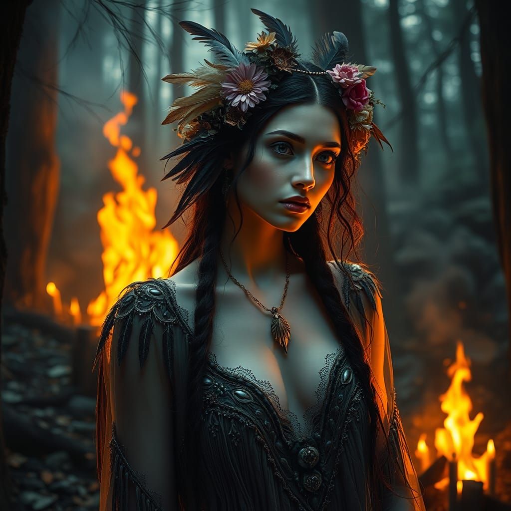 Bonfire Beauty in Mystical Forest: Art Nouveau Style