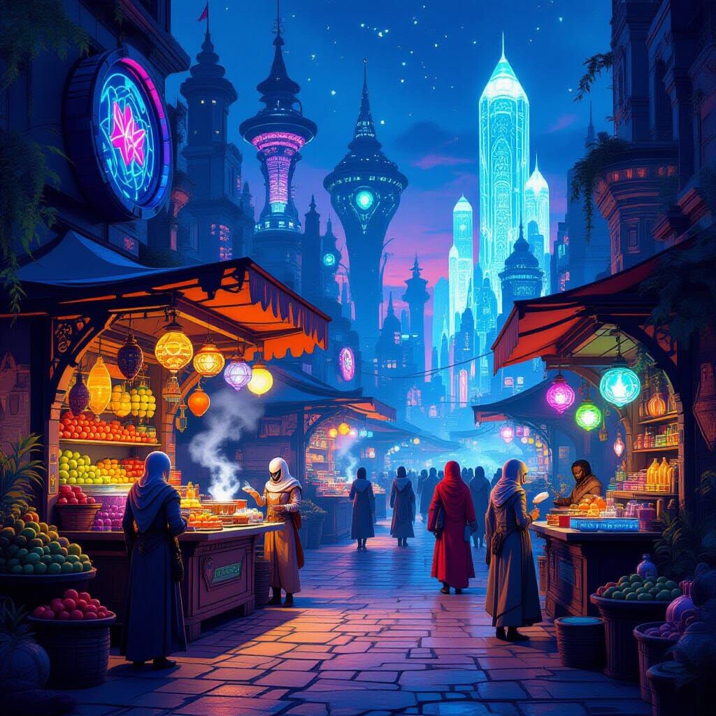 Alien Twilight Marketplace with Bioluminescent Flora