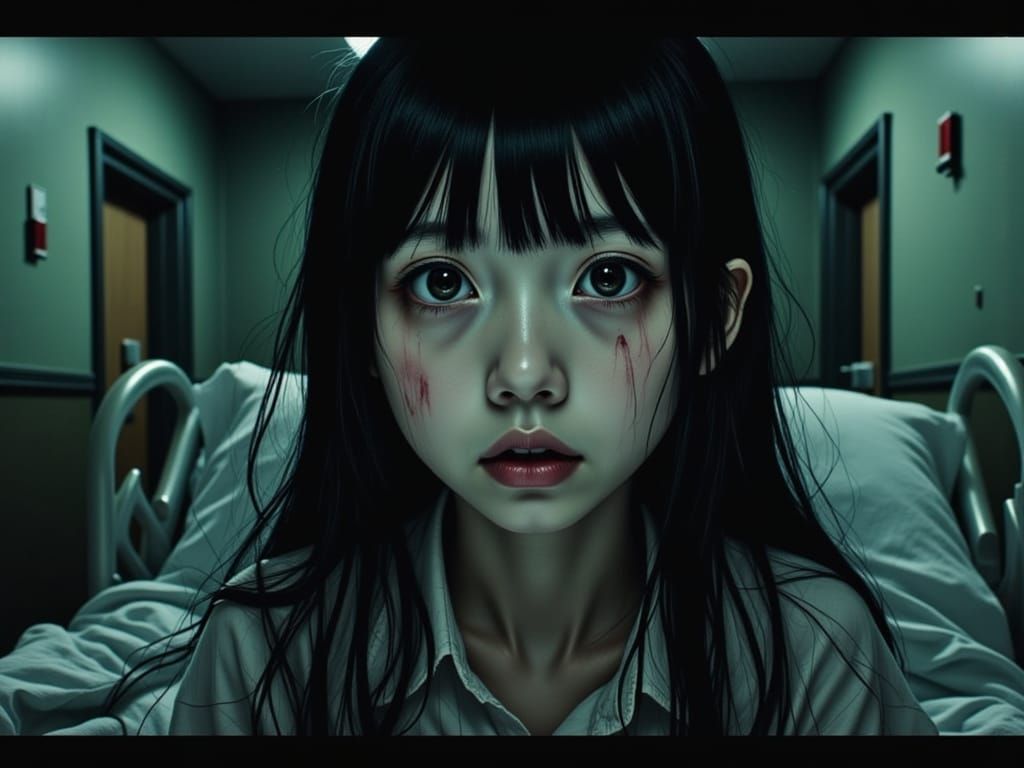 Scared Girl Strapped to Hospital Bed in Horror Style