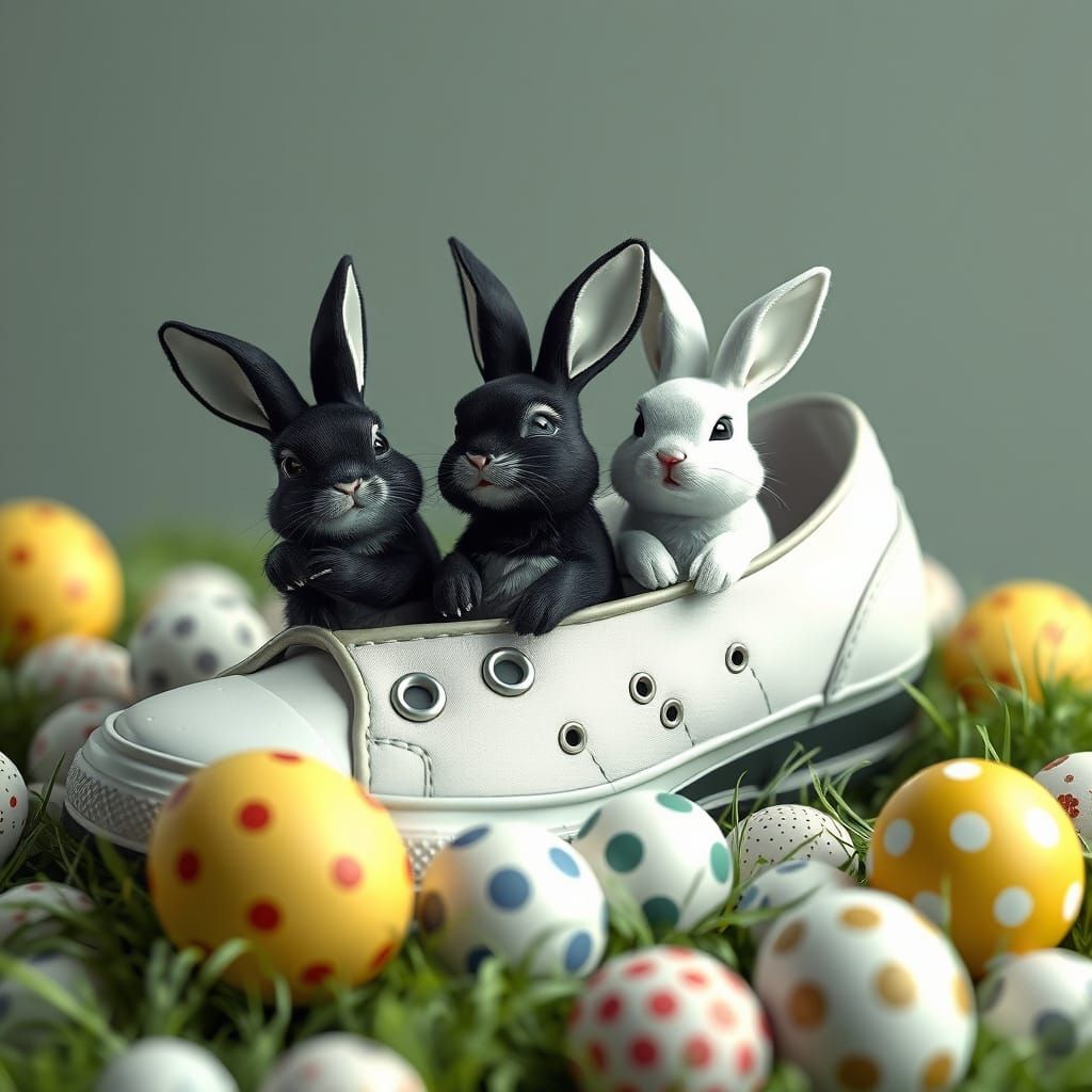 Laughing Bunnies in Shoe: Detailed 3D Anime Art