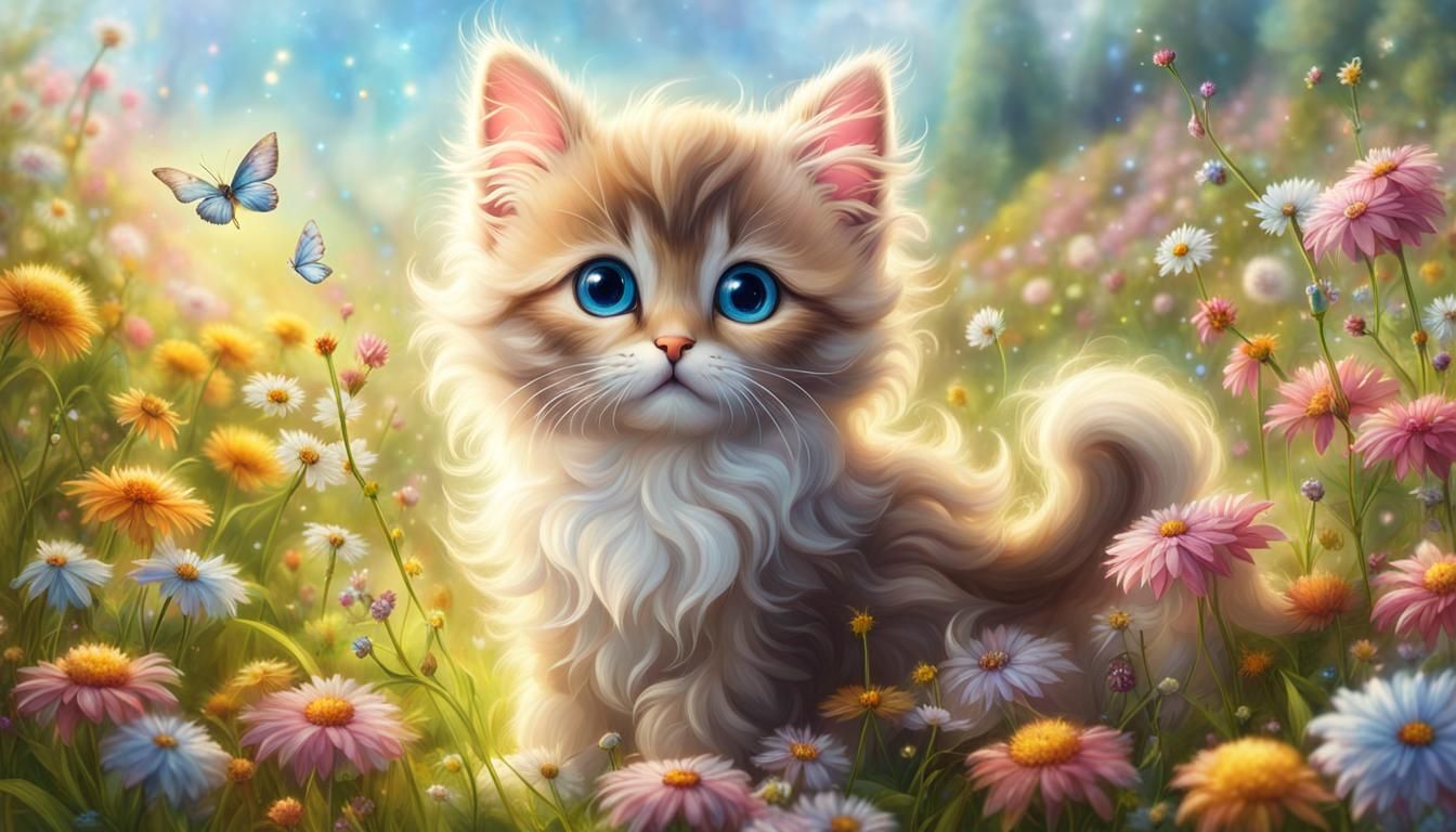 Happy Fairy Kitten in Flowery Meadow