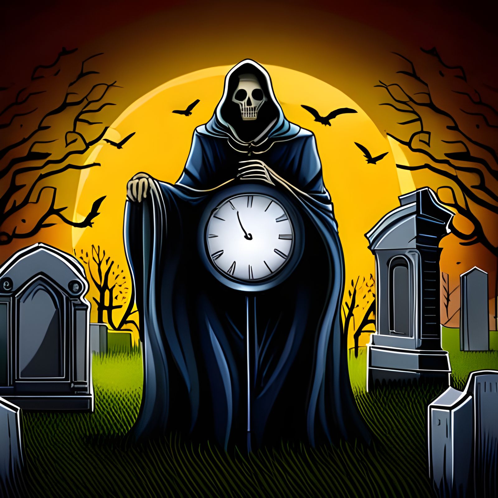 Grim Reaper Gazing at Ominous Graveyard Clock