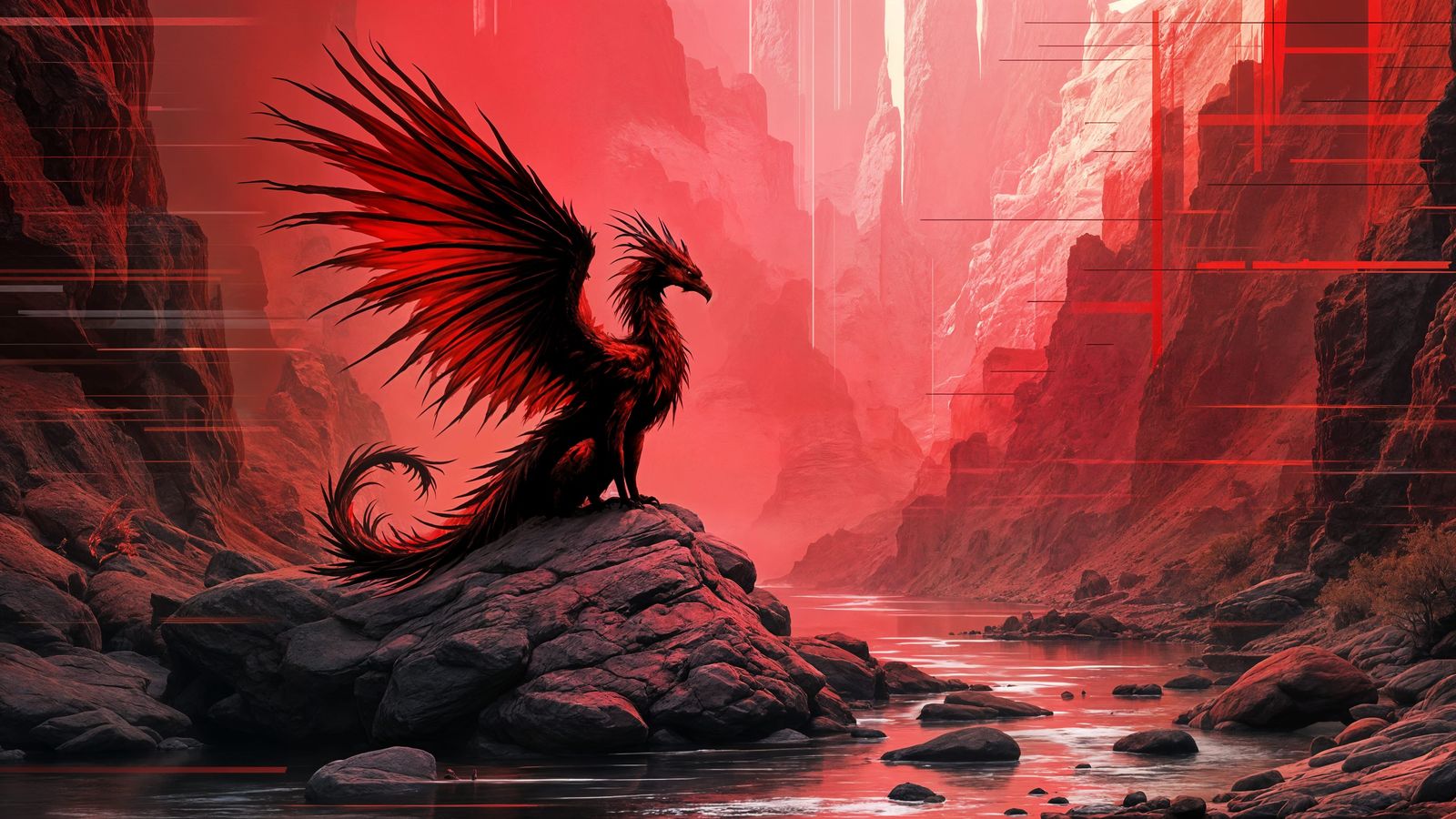Digital Phoenix Dragon in a Smokey Canyon Landscape