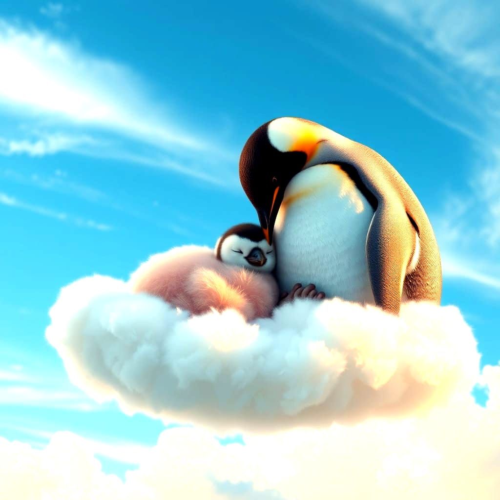 Fantastical Penguin Family Slumber on Cloudy Skies