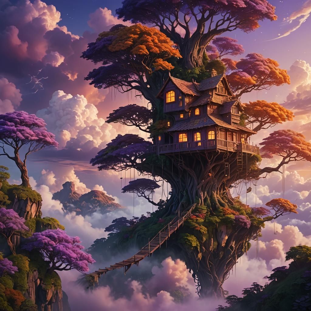 Glowing Treehouse in the Clouds: Matte Painting