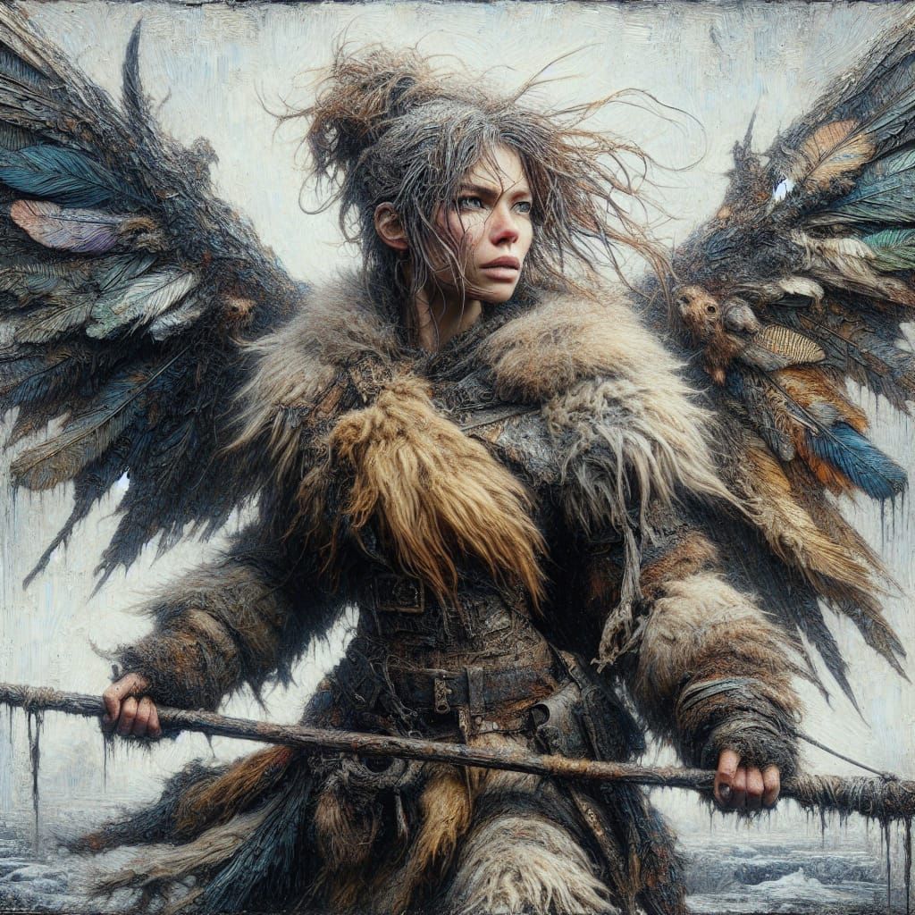 Fierce Fairy Huntress in Encaustic Painting Style