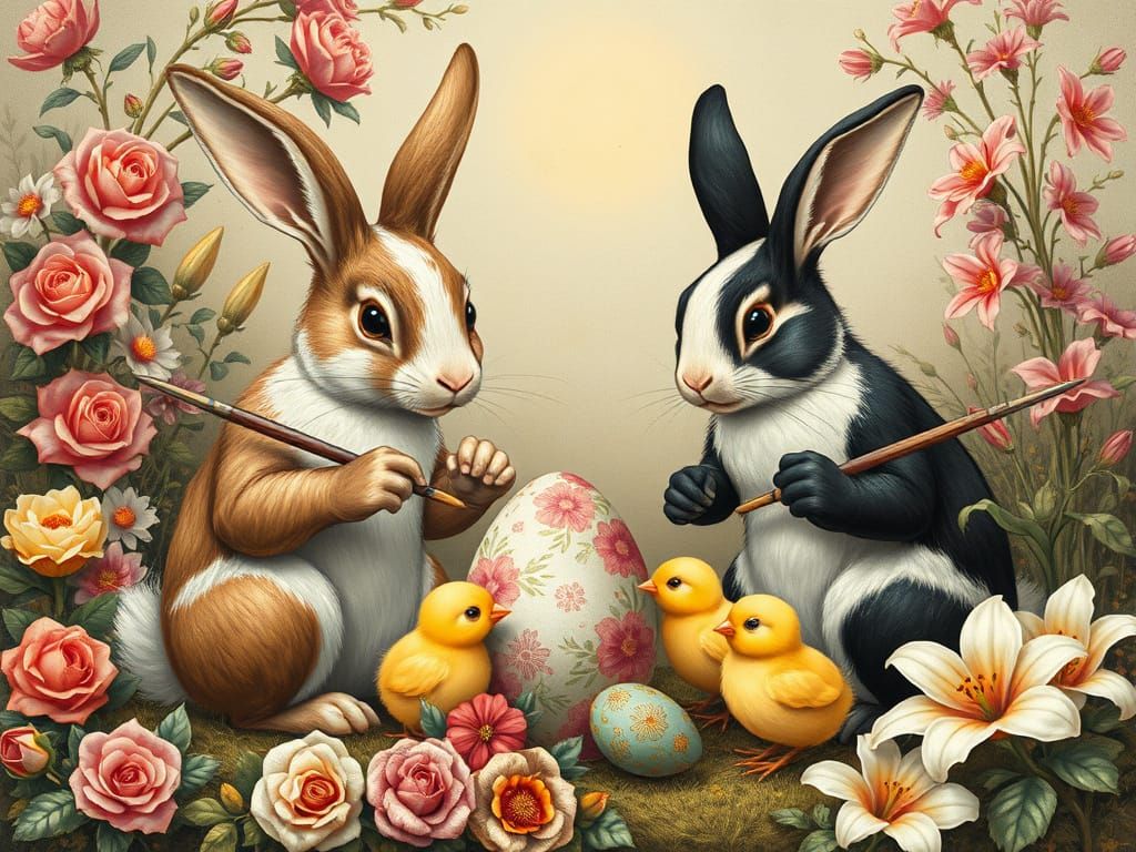 Whimsical Easter Scene with Bunnies Painting Eggs