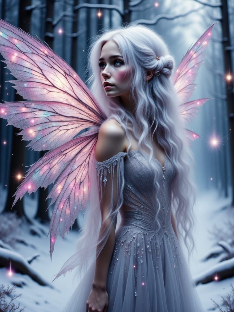 Winter Fairy with Pink Silver Wings Under Northern Lights