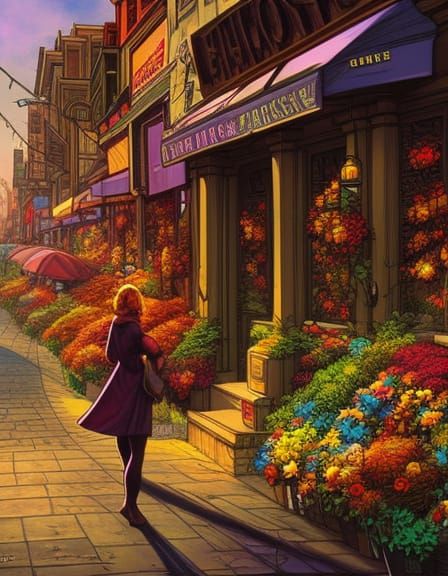 European City Street Scene with Flowers, Comic Art