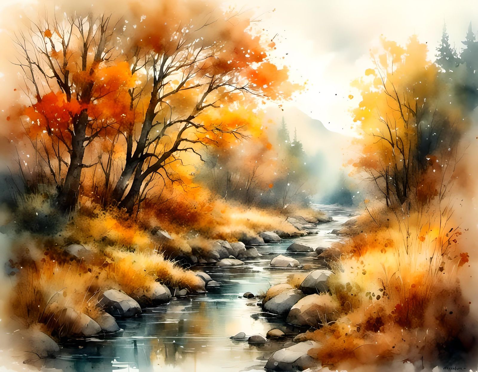 Babbling Brook in Autumn Watercolor Landscape