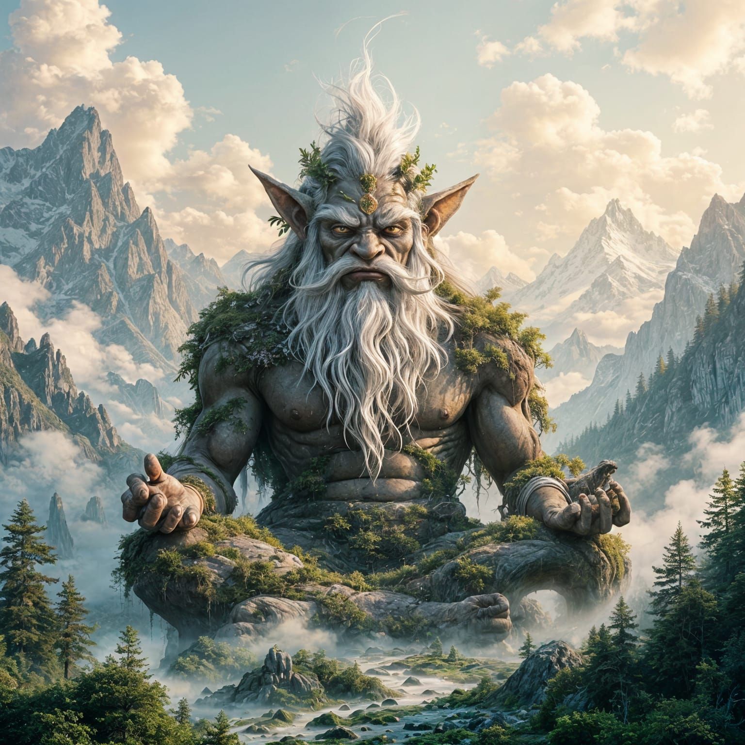 Mountain Troll Meditating in Forest: Dark Fantasy Art