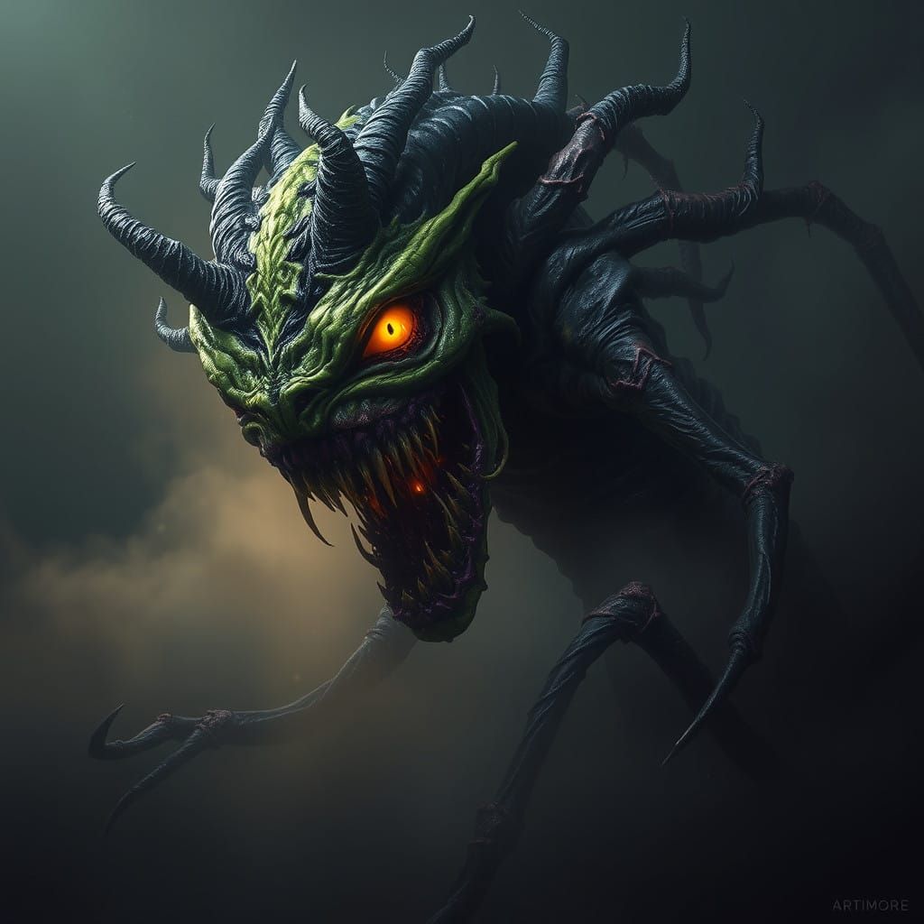 Dark Fantasy Monstrosity Emerging from Fog in Cyberpunk Styl...