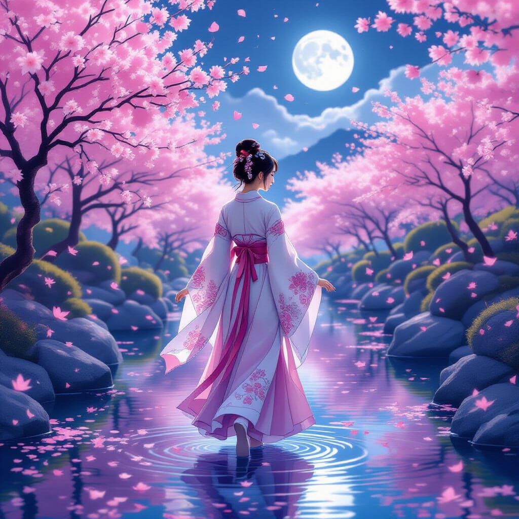 Korean Woman in Floating Blossom Garden