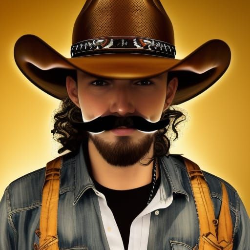 A nice looking man with mustache and curly hair wearing a cowboy hat masterpiece