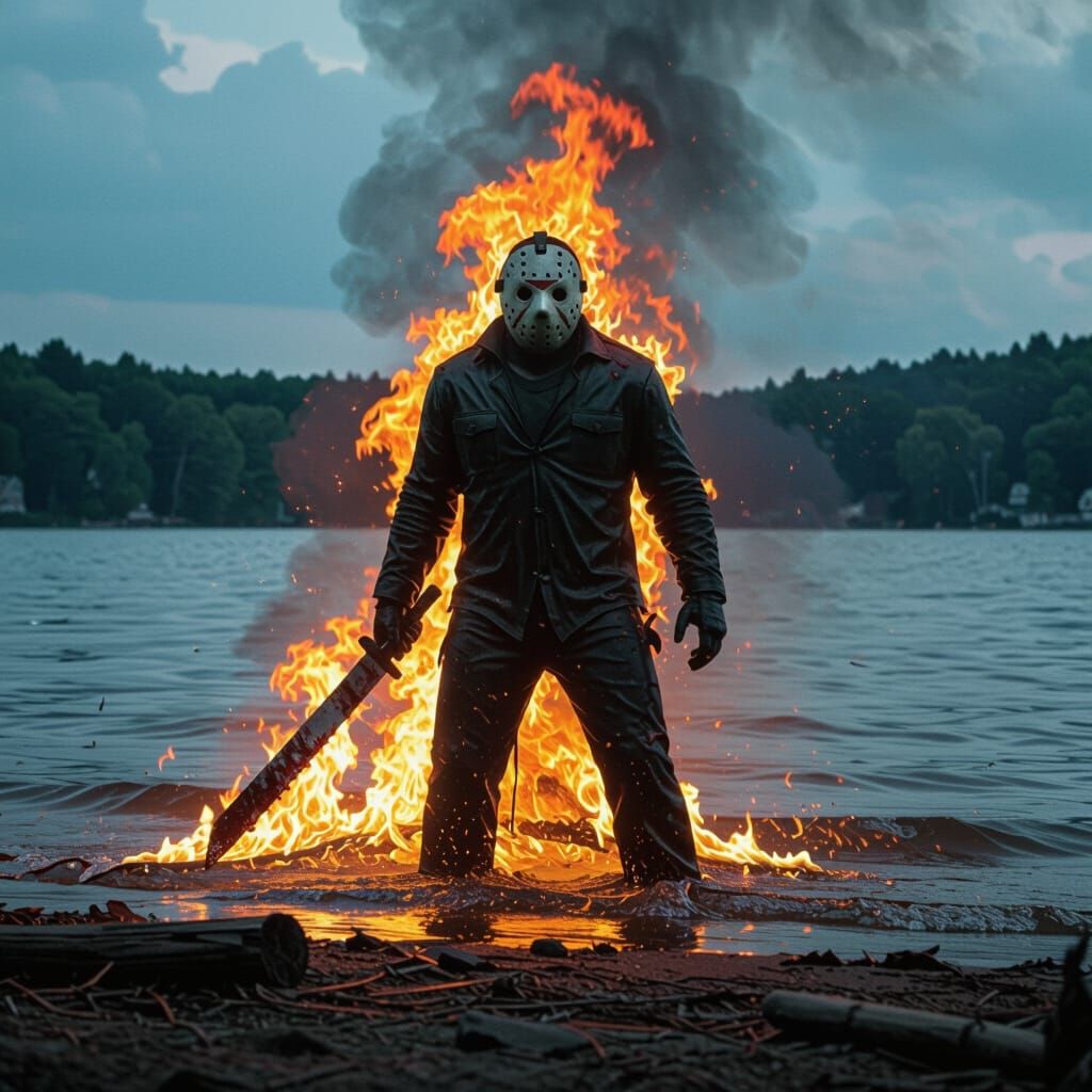 Jason Voorhees Ablaze on Camp Crystal Lake Shores