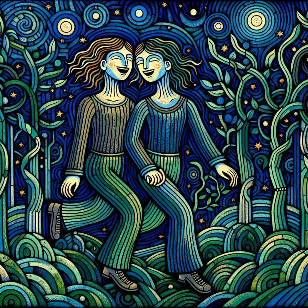 Enchanted Forest Moonscape with Sisters in Art Brut Style