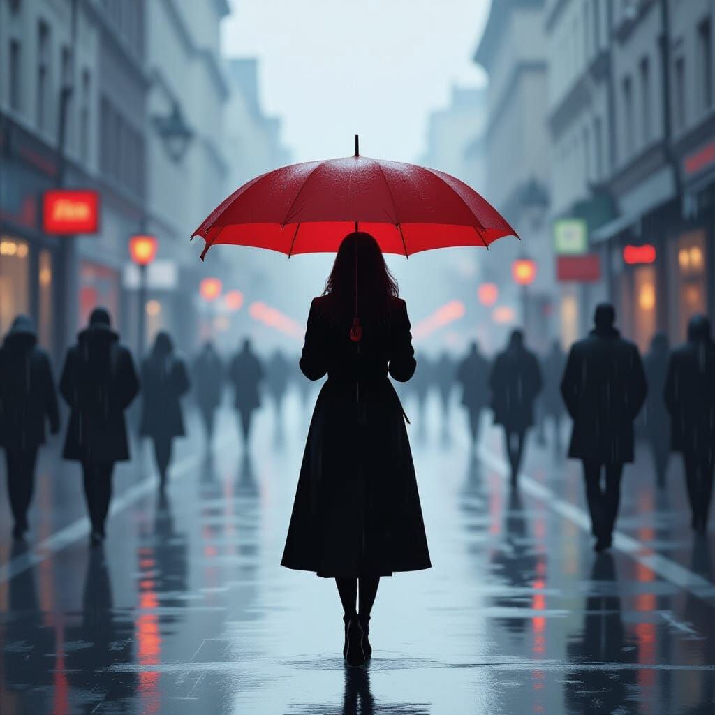 Woman with Red Umbrella in Surreal Street Scene