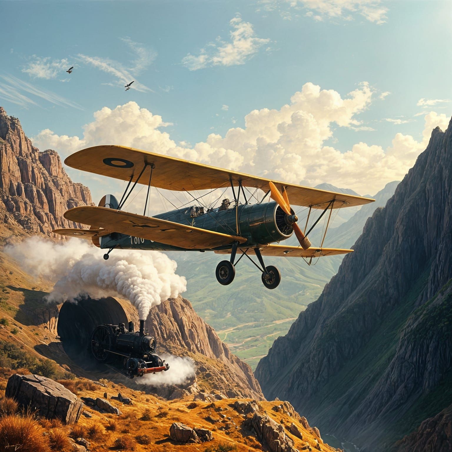 Vintage Aircraft soars above a Classic Steam Locomotive in a...