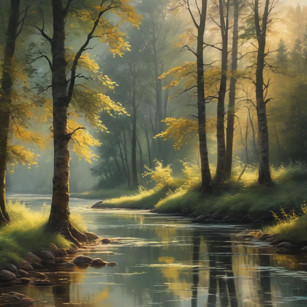 Serene River Landscape in Impressionist Style