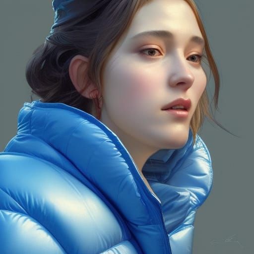 Woman in Blue Puffy Jacket, Detailed Portrait