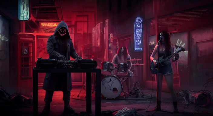 Cyberpunk Hooded Figure in Neon-Lit Post-Apocalyptic Chaos