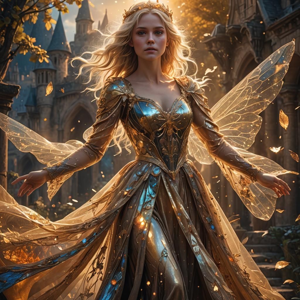 Blonde Fairy Woman in Medieval Setting at Sunset