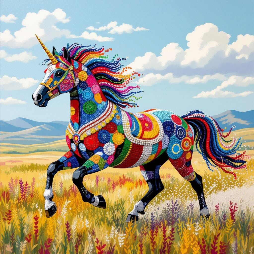 Beaded Mosaic of a Running Wild Horse