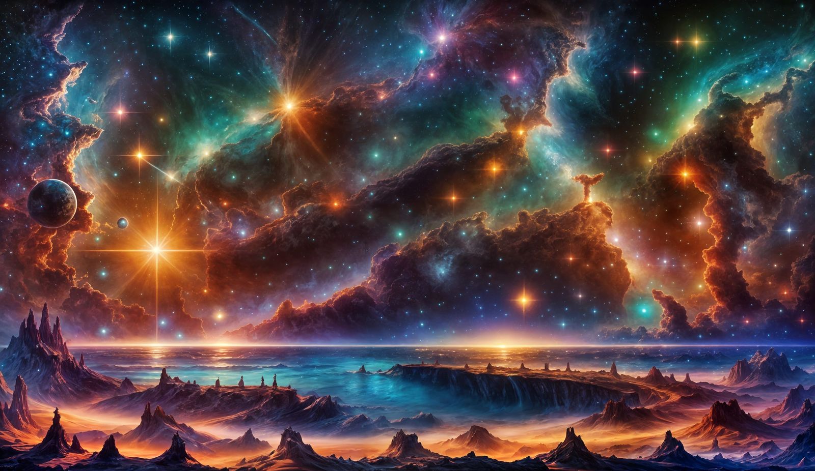 Surreal Cosmic Landscape with Nebulae and Planets