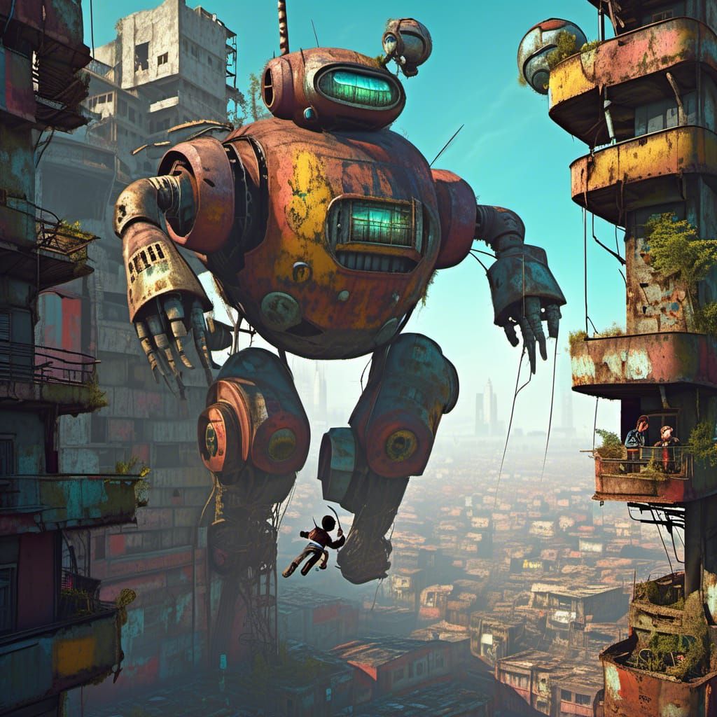 Cyberpunk Urchins Climb Derelict Mecha Robot