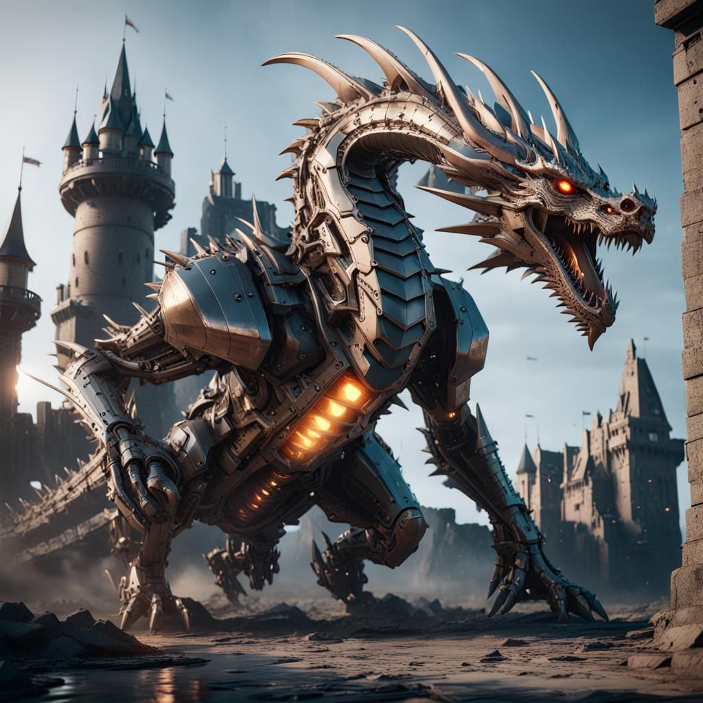 Mechanical Dragon Assault in Sci-Fi Cinematic Style