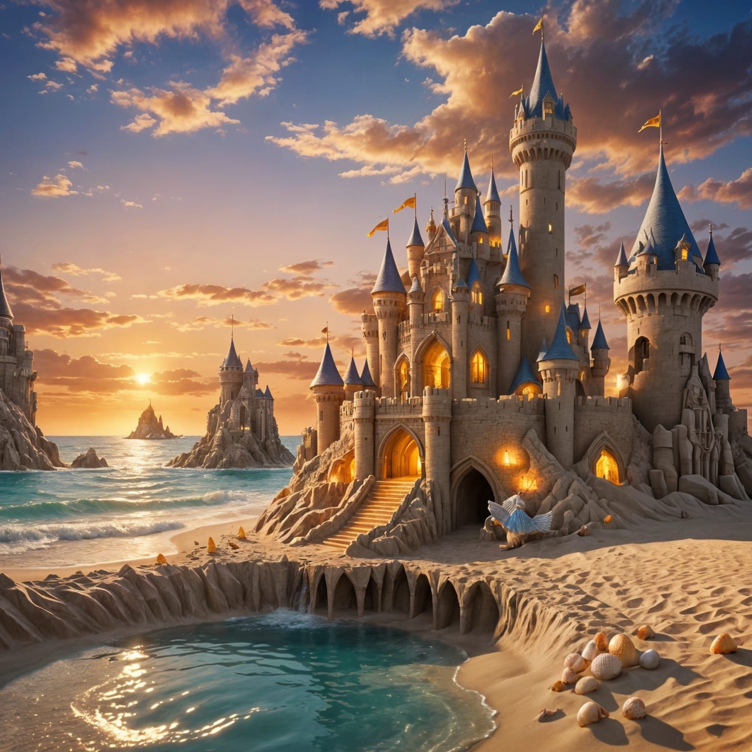 Fantasy Sandcastle Sunset with Mermaid, Digital Art