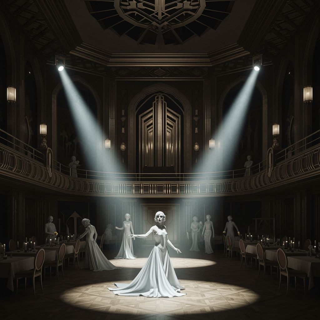 Art Deco Ballroom With Spectral Figures in Chiaroscuro Light...