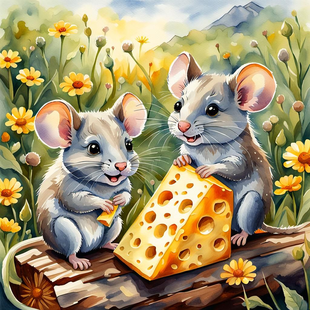 Happy Mice Sharing Cheese in Watercolor Field