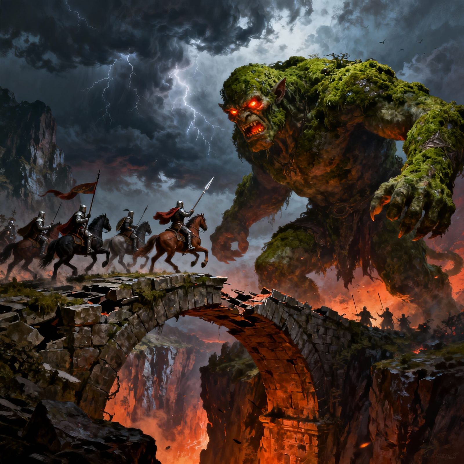 Colossal Troll Fights Knights on Crumbling Bridge