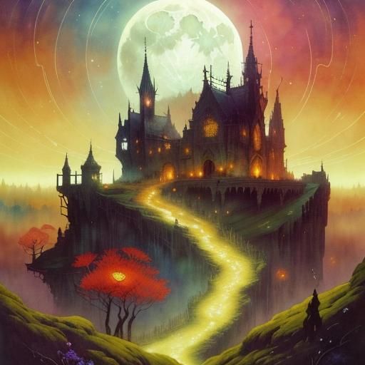 Mythological Landscape with Dark Eclipse in Watercolor Style