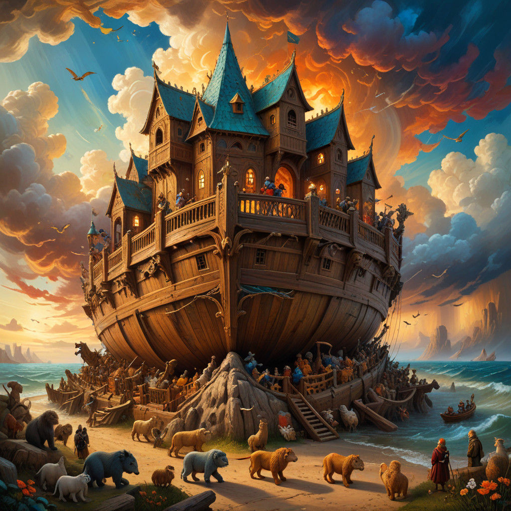 Majestic Medieval Ark Amidst Fantastical Creatures in Whimsi...