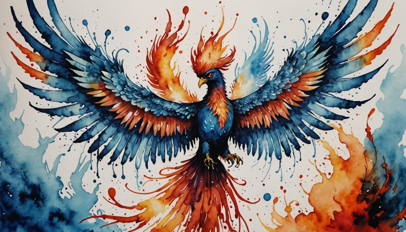 Fiery Phoenix Wings in Red Ink and Aquarelle