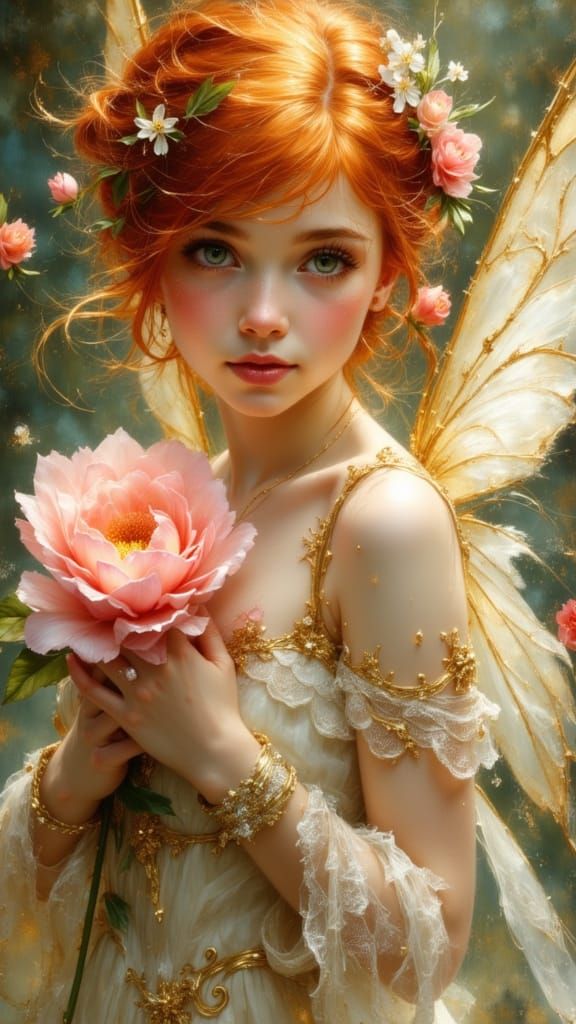 Red-Haired Fairy with Flower as Oil Painting