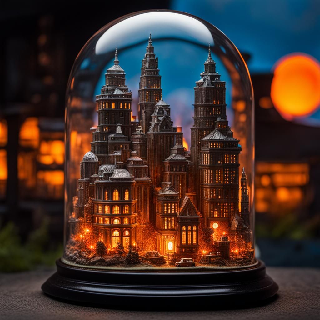 Miniature Halloween City Inside Cracked Glass Head