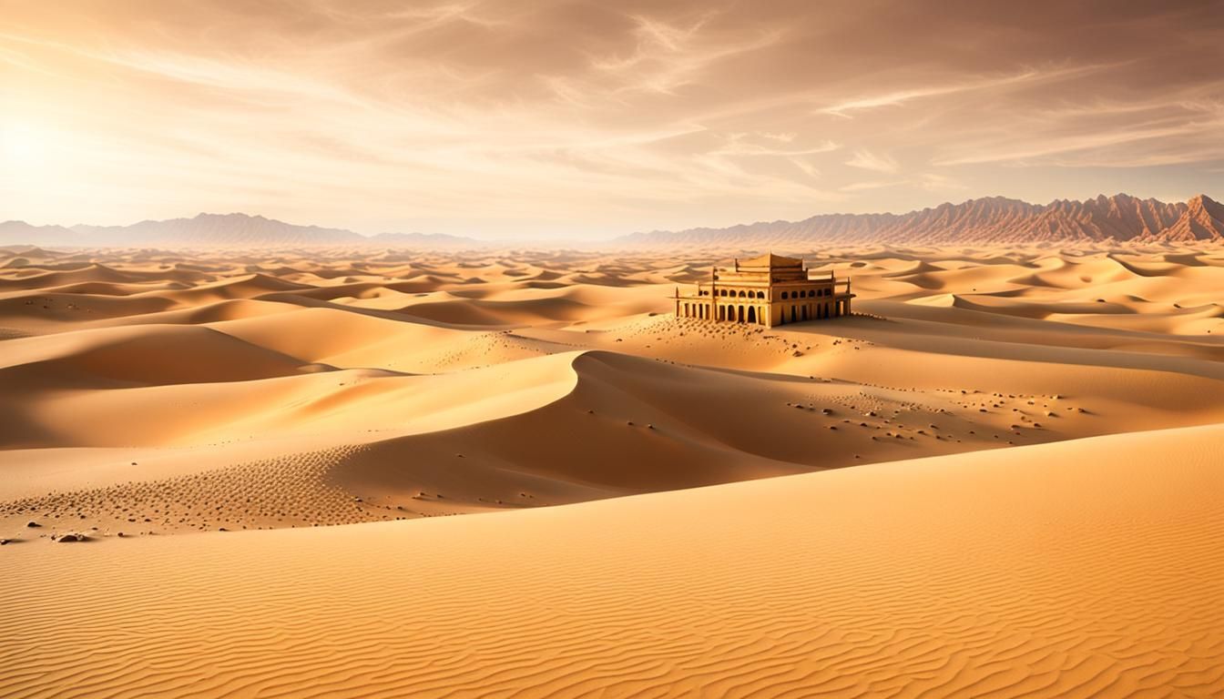 Beige Desert Oasis with Ancient Temple, Digital Art